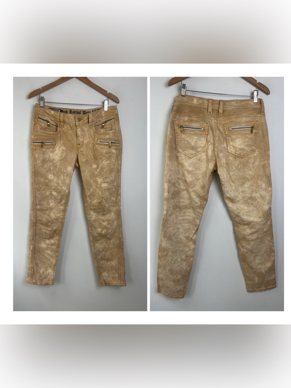 NWOT Rock Revival Women's 27 Tan/Sand Distressed Moto‎ Cladelle Skinny Jeans